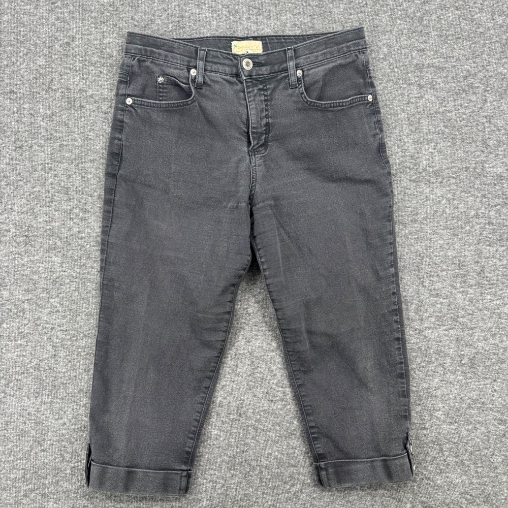 Impulse California Women Black Denim Capri Pants Cuffed Rhinestone Button Size 8